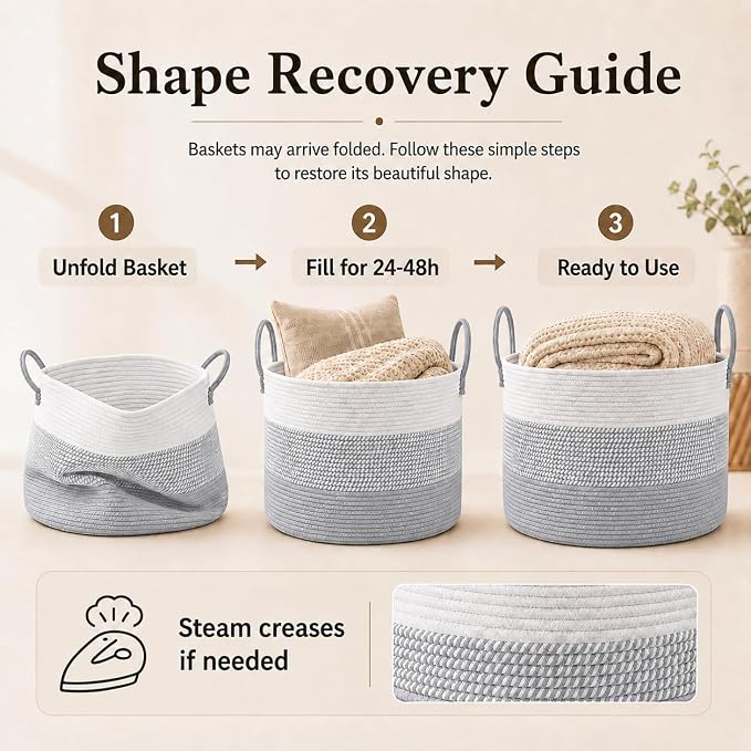 JMvicyroam 65L Extra Large Machine Washable Cotton Rope Blanket Basket | Collapsible laundry hamper, Reinforced handles, For blankets,pillows,toys and clothes, Living room and bedroom,White&Grey Mix