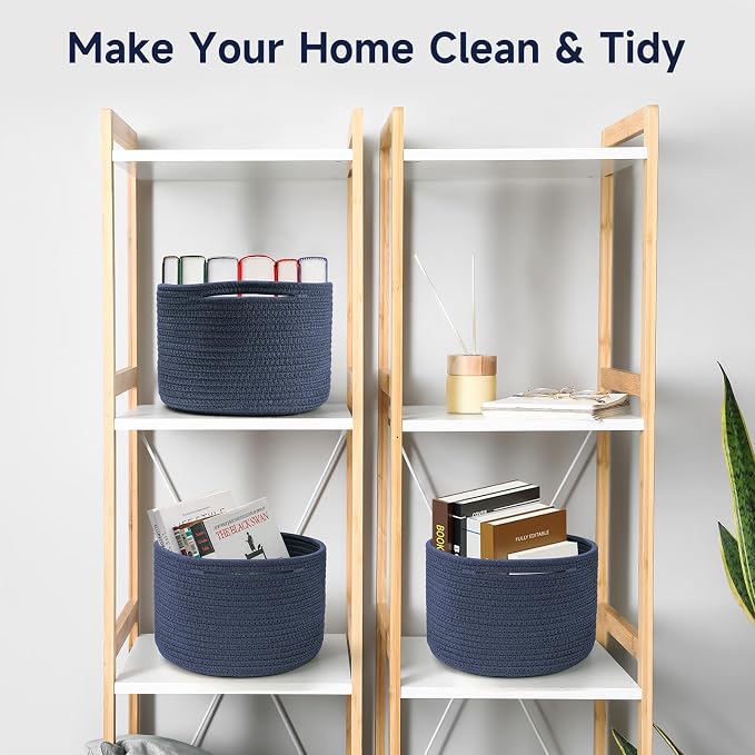 3 Pack Small Rope Storage Baskets, 9.82×9.82×7.1", Navy Blue | Cotton Basket for Gifts Empty, Cute Round Woven Basket, Decorative Shelf Basket Organizer, Organizing Basket for Shelves