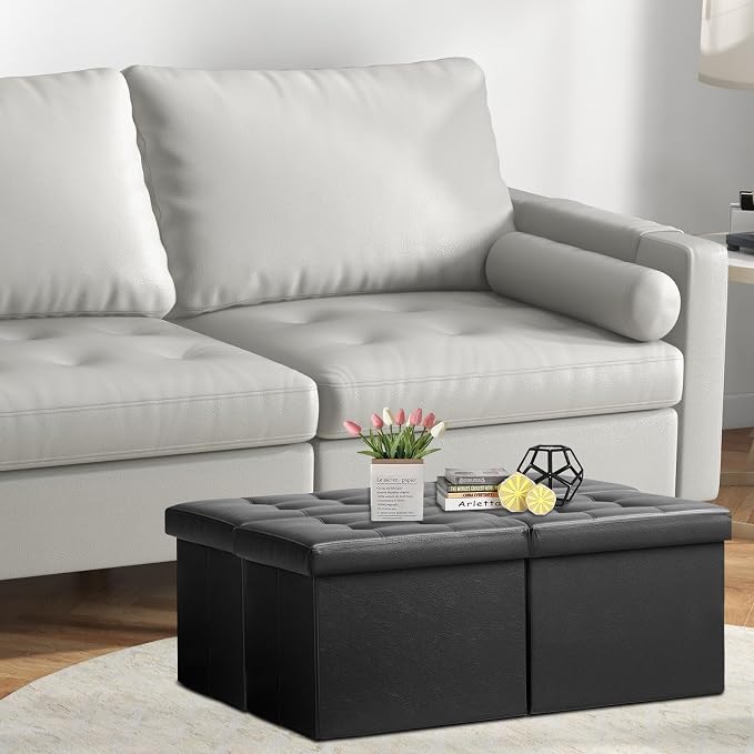 AmasSmile Footrest Ottoman Storage Bench, 34" Leather Folding Stool, Black | Large Ottoman with Storage, Thicker Foam Padded Seat, Livingroom, Dorm, Bedroom, Entryway, Easy to install,34 x 13 x 13in