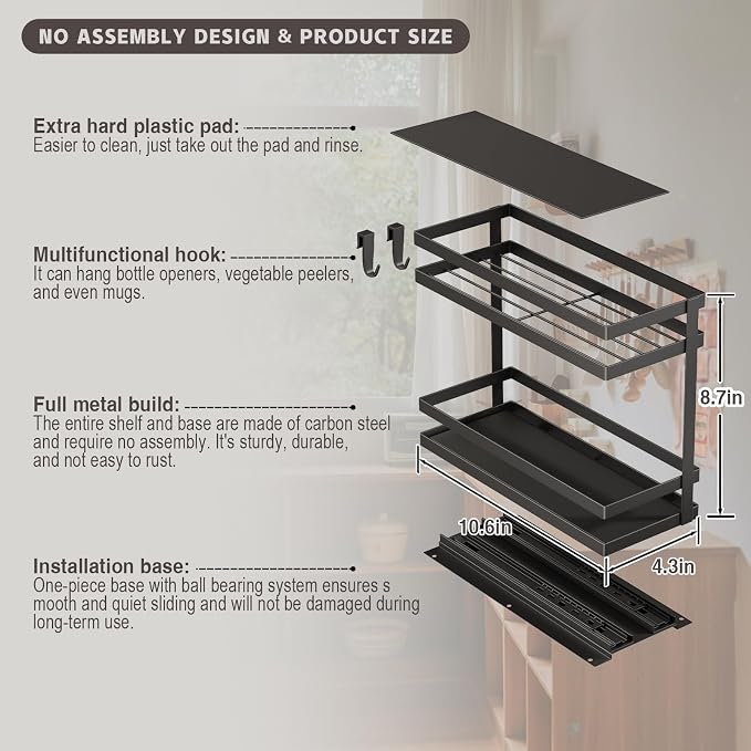 Magheo Pull Out Spice Rack Organizer for Cabinet, 1 Pack Metal Seasoning Organizer Slide Out Spice Storage Shelf No Assembly Vertical Spice Rack Pullout for Kitchen & Bahthroom No Drill(2 Tier,Black)