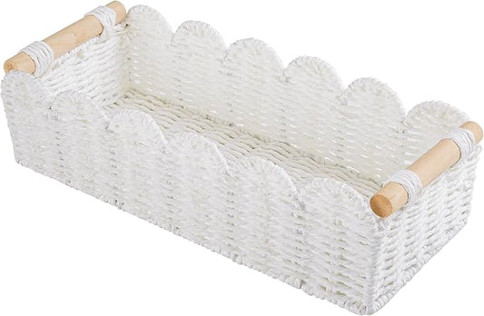 Bathroom Decor Basket for Toilet Paper Storage Baskets For Organizing | For Bedroom Living Room Kitchen Home Decor Scalloped Cute Basekt With Handle for Apartment Countertop,White
