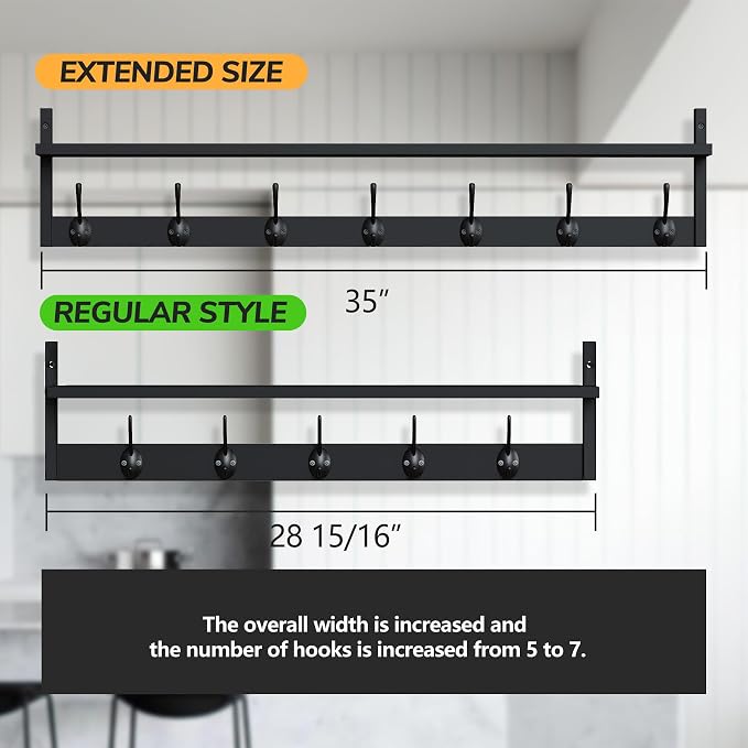BAMEOS Wall Hooks with Shelf 35 Inch Length Entryway Hanging Shelf Wood Coat Hooks Wall-Mounted Coat Hook Rack with 7 Dual Hooks for Bathroom, Living Room, Bedroom (Black)