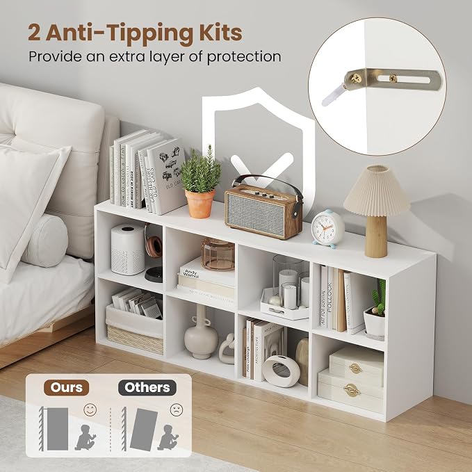 Giantex 8-Cube Bookcase, 3-Tier Cubby Bookshelf, Horizontal Vertical Display Rack with Anti-Tipping Kits, Modern Storage Organizer Shelf Unit for Bedroom, Living Room, Study (White, 8-Cube)