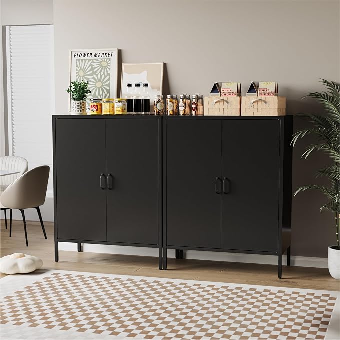 COFaR Black Metal Storage Cabinet, 40” Industrial Kitchen Organizer & Buffet Sideboard, 3-Tier Steel Cabinet with Adjustable Shelves, Magnetic Doors for Coffee Bar, Office, Dining Room