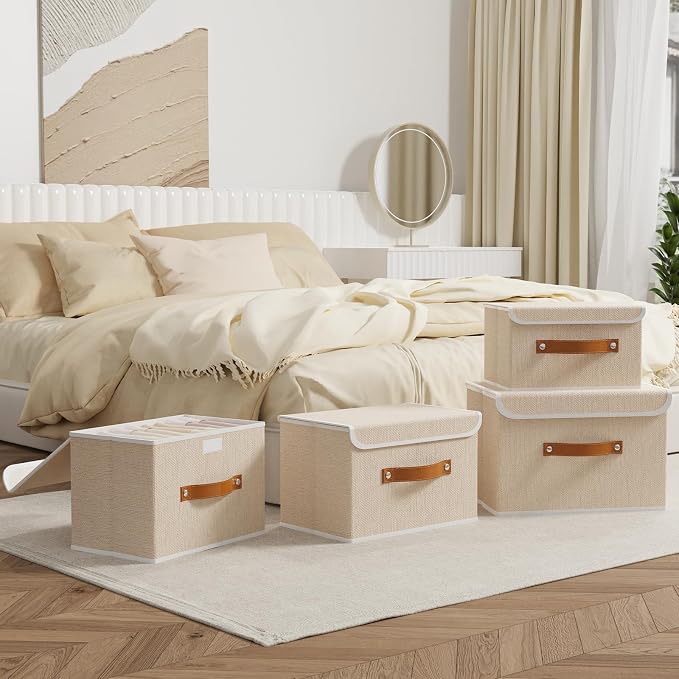 OUTBROS Fabric Storage Bins with Lids, 15 x 9.8 x 9.8 inch, Beige, 3-Pack | Collapsible Wardrobe Baskets, Storage Cubes For Towels, Clothes