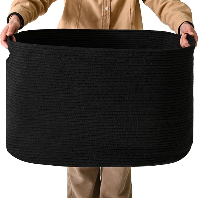 ICERZCZ Large Black Blanket Basket, Storage Baskets for Blankets, Woven Baskets for Storage, Woven Cotton Rope Basket for Toys, Clothes, Shoes, Books, Black, 25”x16”x16” (105L)
