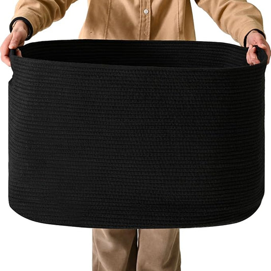 ICERZCZ Large Black Blanket Basket, Storage Baskets for Blankets, Woven Baskets for Storage, Woven Cotton Rope Basket for Toys, Clothes, Shoes, Books, Black, 25”x16”x16” (105L)