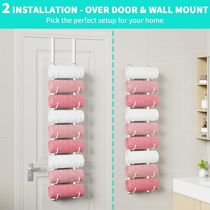 HapiRm Rolled Towel Racks for Bathroom - 9-Tier Over The Door & Wall Mounted Bathroom Towel Storage, Hanging Metal Organizer for Towels & Bath Sheets, Space Saving Rack for Bathroom, Camper, RV, White
