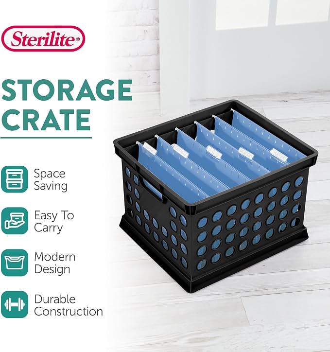 Sterilite Storage Crate Bin File Organizer for Home & Office, Black, 6-Pack | Heavy-Duty and Stackable Plastic Boxes and Containers for Desk, Cabinet, Dorm, Garage, or Utility Organization