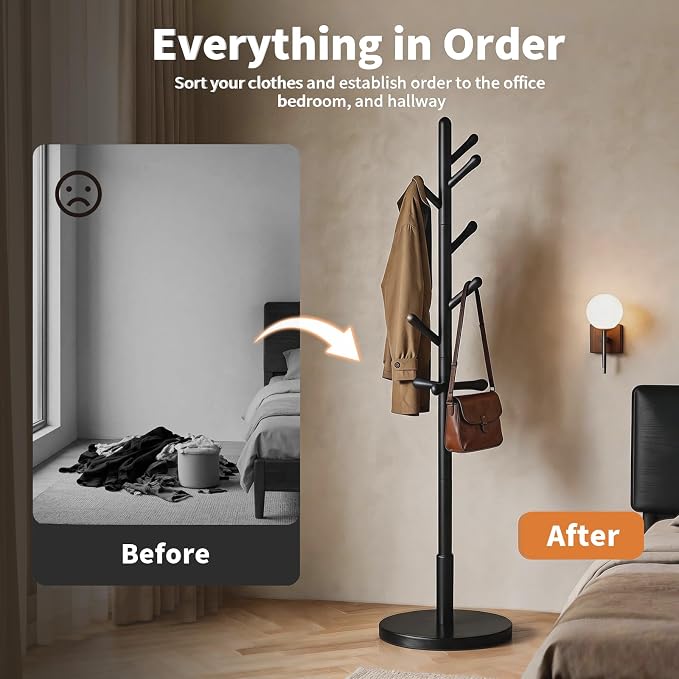Solid Wood Coat Rack Freestanding with 9 Hooks - Wooden Coat Rack Stand for Entryway, Bedroom, Living Room, Hallway for Coats, Handbags, Hat(Black)