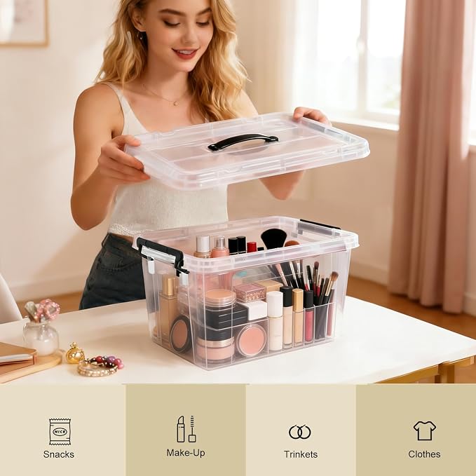 6 Pack Plastic Storage Bins with Lids | Clear Stackable Bins with Secure Latches and Handles Heavy-Duty Storage Containers For Home Office and Garage Organization
