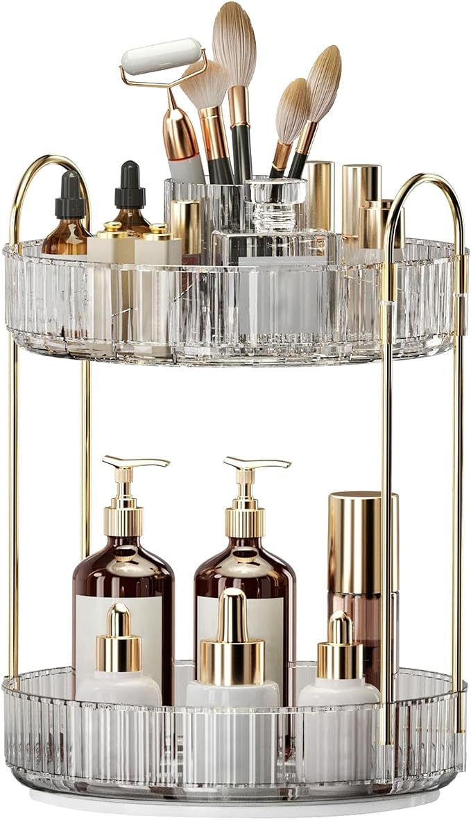 360° Rotating Makeup Organizer, Large-Capacity Skincare Make Up Storage 2 Tier Perfume Organizers Cosmetic Dresser Organizer with Makeup Brush Holder, Fits Bedroom, Bathroom, Vanity Shelf Countertop