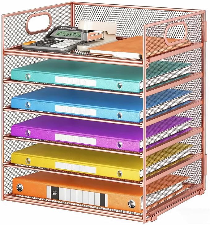 6 Tiers Letter Tray Paper Organizer with Handle, Mesh Desk File Organizer, Metal Desktop Document Shelf Organization, Paper Sorter Organizer for Office, Home or School File Folder Holder (Rose Gold)
