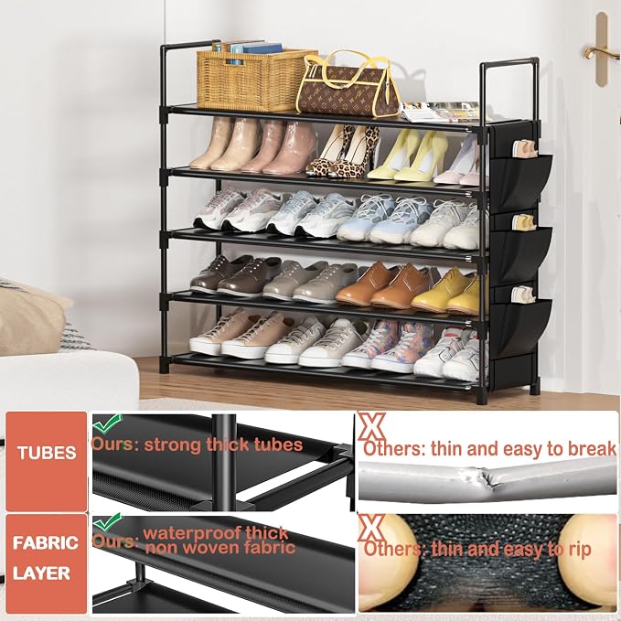 OYREL Shoe Rack 5 Tier 20-25 Storage Capacity Shoes Organizer | Closet, Entryway, Garage, Door Entrance, Space Saving Shoes Holder Stand, Sturdy Metal Free Standing Boot Shelf Tower Black