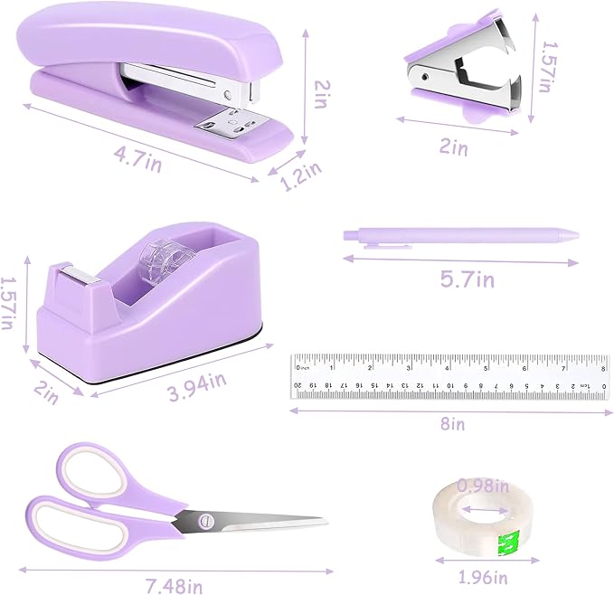 Dimonluce Purple Desk Accessories, Purple Office Supplies Accessories with Tape Dispenser, Stapler, Staple Remover, 1000 Staples, Tape, Clips Set, Ruler, Scissor, Pen