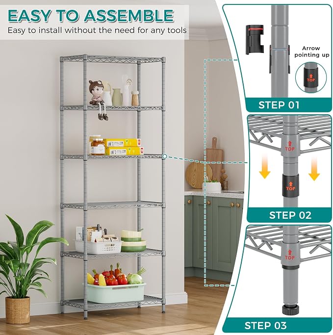 SINGAYE 6 Metal Shelves Wire Shelving Storage Shelf Adjustable Unit Pantry | 6 Tier Kitchen Laundry Room Organization Home Pantry Closet Bathroom Organizers Garage Rack 14" D x 24" W x 72" H Gray