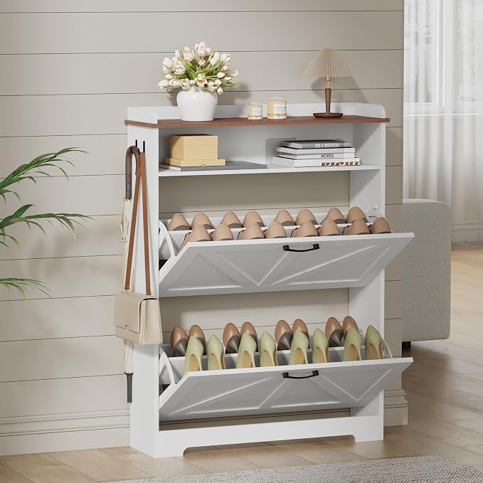 Farmhouse Shoe Cabinet Organizer with 2 Flip Drawers, 31.5" W White | Freestanding shoe cabinet with flip drawers ,space-saving storage for foyer hallway,Adjustable Shelves & 2 Hooks