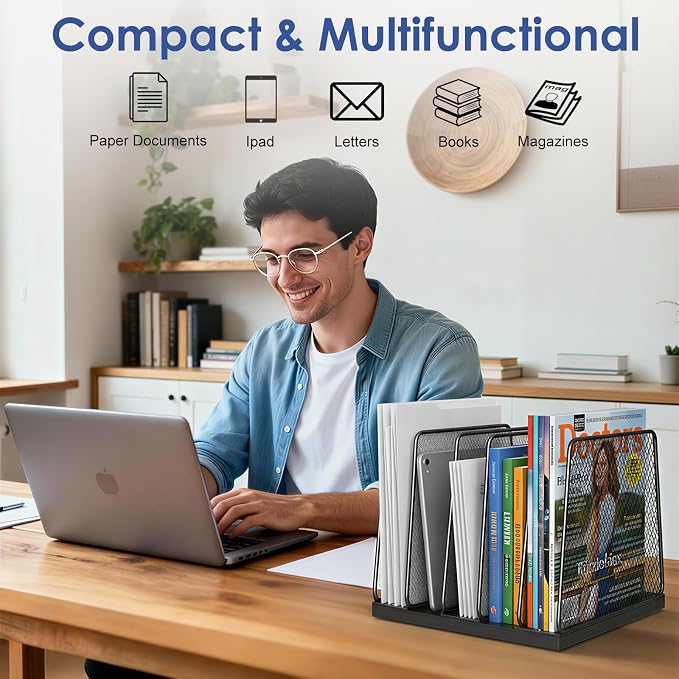 AUPSEN 5-Section File Organizer for Desk, Wood Mesh Desktop File Organizer, File Sorter Storage Rack, Vertical Folder Holder for Files, Magazines, Books (Black)