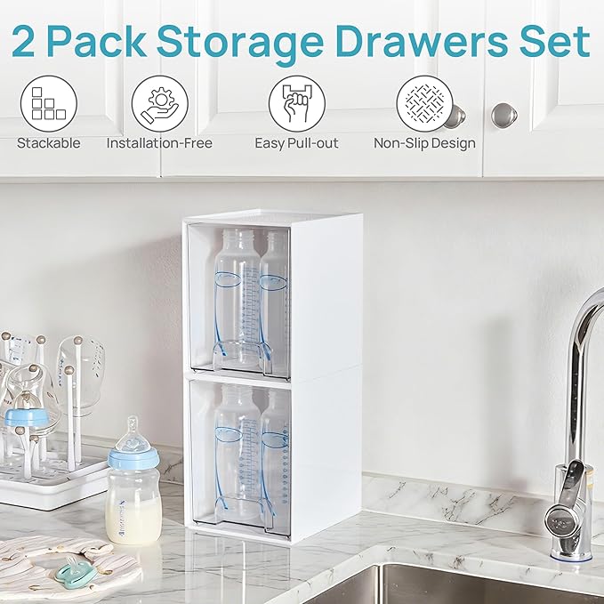 Vtopmart 2 Pack Stackable Storage Drawers, Plastic Organizers Bins for Baby Bottles, Skincare, Beauty Supplies, Ideal for Vanity, Bathroom, Kitchen Countertop, Cabinet Orga