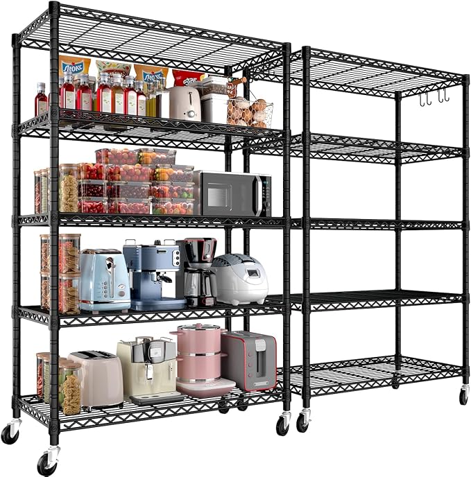 PrimeZone Wire Shelving with Wheels, 5-Tier NSF Adjustable Storage Shelves | 36"W x 16"D x 79"H Metal Shelf, Adjustable Organizer, 4 Hooks, Heavy Duty 1250 LBS Capacity for Kitchen, Pantry, 2 PCS