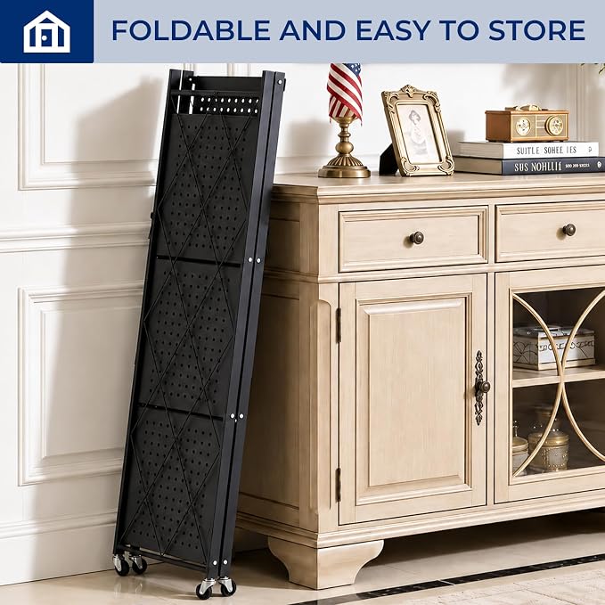 4 Tier Foldable Storage Shelf with Wheels, Collapsible Metal Rack Shelving Unit, No Assembly Required, Rolling Cart Shelf Rack Organizer for Books, Garage, Kitchen, Closet, Pantry, Exhibition, Black