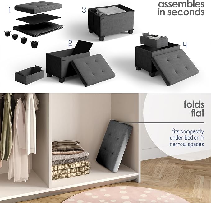 Storage Ottoman Cube with Small Bin, 16-in Square Ottoman with Storage for Living Room and Bedroom, Small Ottomans Foot Rest, Velvet Foot Stools Ottomans Max 330lbs, Grey