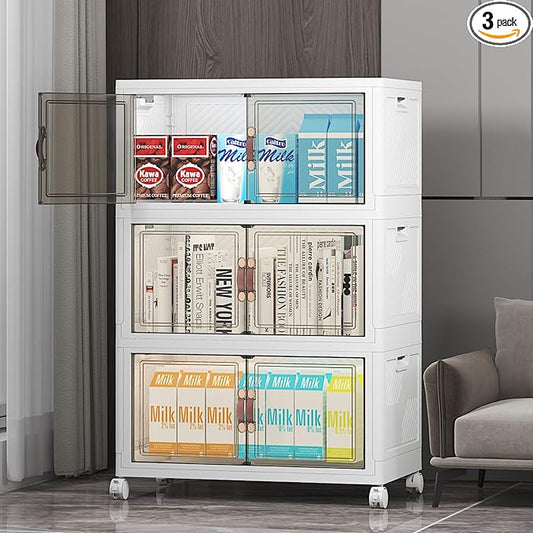 UAMFURI Stackable Storage Bins with Lid, 156QT Plastic Cabinet with Wheels | Large Capacity, Magnetic Door, Stack Lock, Rolling Wheels, Foldable Design, Organizers and Storage for Bedroom Dorm Garage