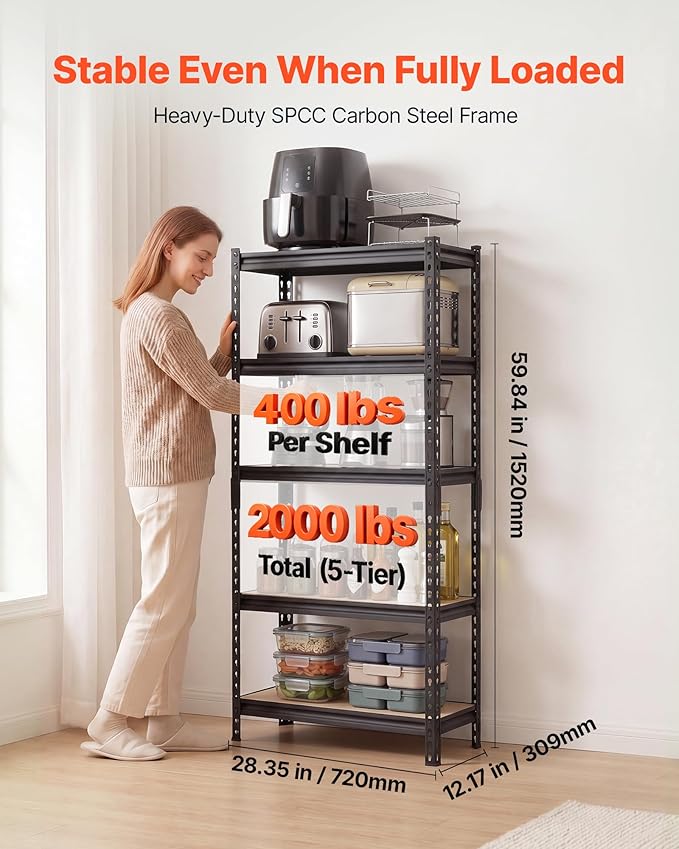 VEVOR Storage Shelves, 5-Tier Adjustable, 2000 lbs Capacity, Heavy Duty Garage Storage Shelving Unit, Metal Utility Rack Shelf, for Kitchen Pantry Basement Bathroom, 28.35" W x 12.17" D x 59.84" H
