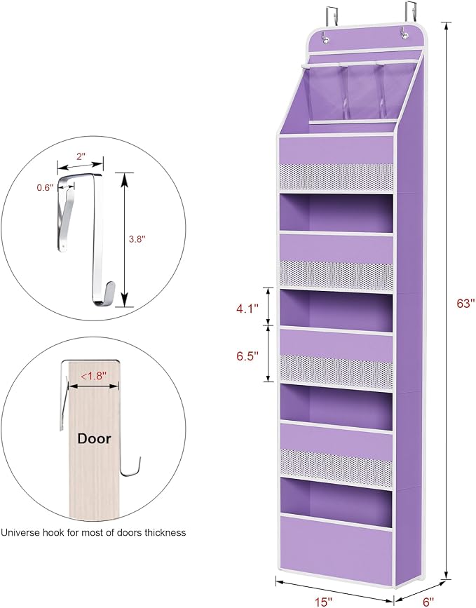 Univivi Fabric Over the Door Organizer for Baby Nursery, Purple, 6-Shelf | Door Storage with Large Capacity Breathable Mesh Pockets, Over Door Hanging Organizer for Baby Essential, Bedroom, and Dorm