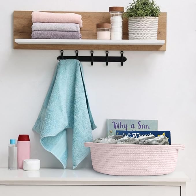 MEGASKET Pink Small Woven Basket, 13” x 9” x 5” Baskets for Gifts Empty, Cotton Rope Gift Basket, Cute Nursery Baby Organizer, Cat Dog Toy Bin Box, Wicker Storage Bin with Handle