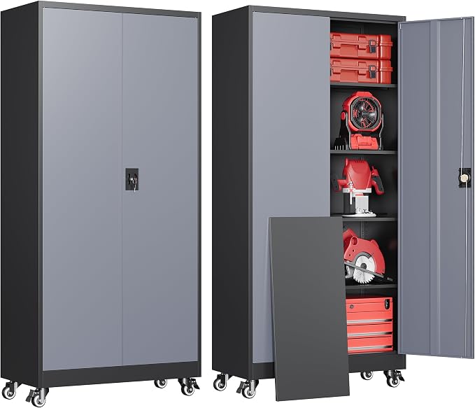 Metal Garage Cabinets with Wheels 15.8" D x 31.5" W x 75" H-Black | Heavy Duty, Locable