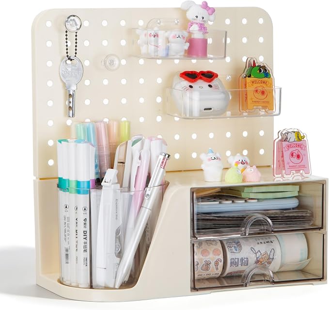 Comix Desk Organizer with 2 Drawer, Beige 360° Rotating Pen Holder for Desk | Desk Organizers and Accessories with 5 Slots Pencil Holder+Pegboard+Drawer, Pen Organizer for Home School Art Office Supplies