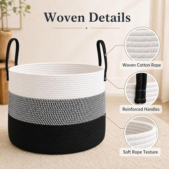 JMvicyroam 65L Extra Large Machine Washable Cotton Rope Blanket Basket | Collapsible laundry hamper, Reinforced handles, For blankets,pillows,toys and clothes, Living room and bedroom,White&BlackMix