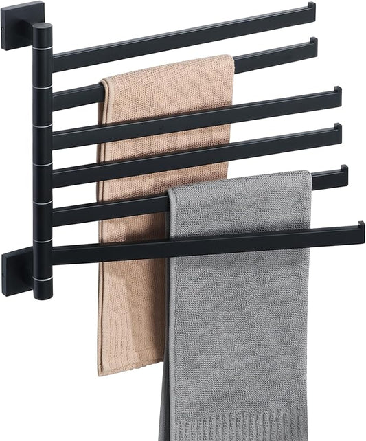 Alise 6 Arm Swivel Towel Rack, Matte Black Swivel Out Towel Bar, 13.6 Inch | Space Saving Swing Arm Towel Rack for Bathroom Kitchen Outdoor, 180° Rotating, SUS304 Stainless Steel