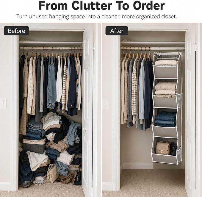 4-Shelf Hanging Closet Organizer and Storage, Fabric Storage Bins Bedroom Organization with Mesh Pockets, Collapsible Hanging Shelves Wardrobe Organization for Home, Dorm, Rv (Grey)
