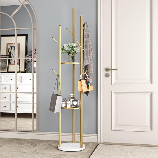 DOORXIFO Metal Gold Coat Racks Freestanding, Coat Hanger Stand, Hall Tree Rack for Hanging Hats, Scarves, Bags, Modern Coat Rack with Double Shelves, Corner Coat Rack, 9 Hooks, Gold