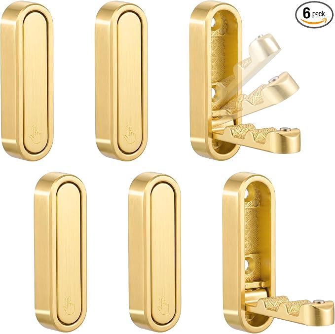 6PCS Foldable Wall Hooks, Zinc Alloy Flip Down Hooks, Retractable Wall Hooks for Bathroom, Entryway, Hanging Coats Hats Bags Keys (Gold)