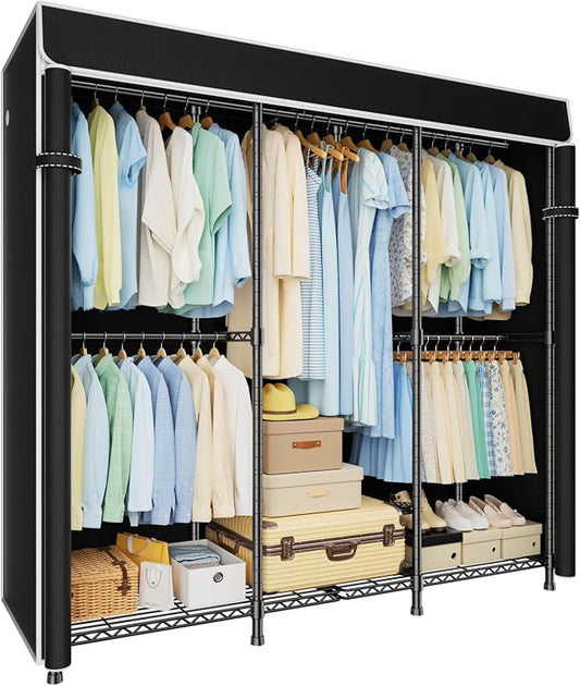 E14C Heavy Duty Closet Organizer System，Freestanding Clothing Racks for Hanging Clothes，Adjustable Garment Rack 58" W × 16" D × 77" H Hold 860 lbs，Black Rack with Black Dustproof Cover