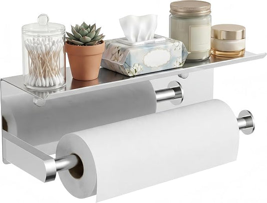 FORIOUS Wall Mount Paper Towel Holder with Shelf for Kitchen, Chrome | Heavy Duty SUS304 Stainless Steel Paper Roll Organizer with Storage Spice Shelf, Screw-in for Bathroom, RV & Garage