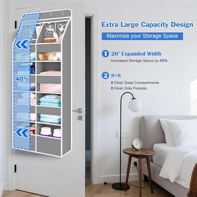 Univivi Upgraded Over the Door Organizer for Baby Nursery, Grey, 5-Shelf | Fabric Door Organizer with Clear Window Deep Pockets, Over Door Hanging Organizer for Baby Essential, Bedroom, and Dorm