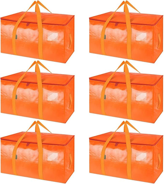 BALEINE 6-Pack Oversized Moving Bags with Reinforced Handles, Heavy-Duty Storage Tote for Clothes, Moving Supplies (Orange, 6-Pack)