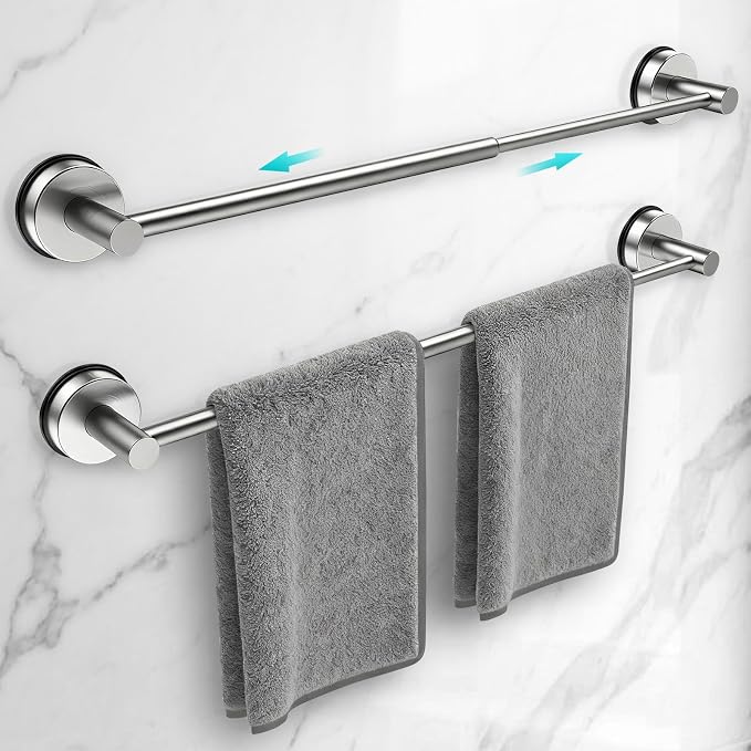 Adjustable Suction Cup Towel Bar for Bathroom Wall,17 Inch~29 Inch Towel Racks for Bathroom,Stainless Steel Bath Towel Holder for Shower,2 Pack(Brushed Silver)