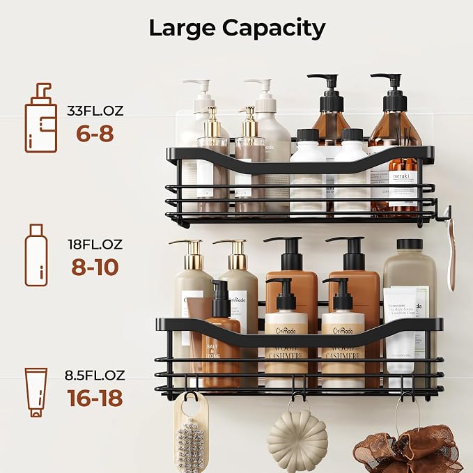Orimade Shower Caddy Basket Shelf Storage Rack, No Drilling Wall Mounted Adhesive Rust Resistant Stainless Steel Shower Organizer with 5 Hooks for Bathroom, Black 2 Pack