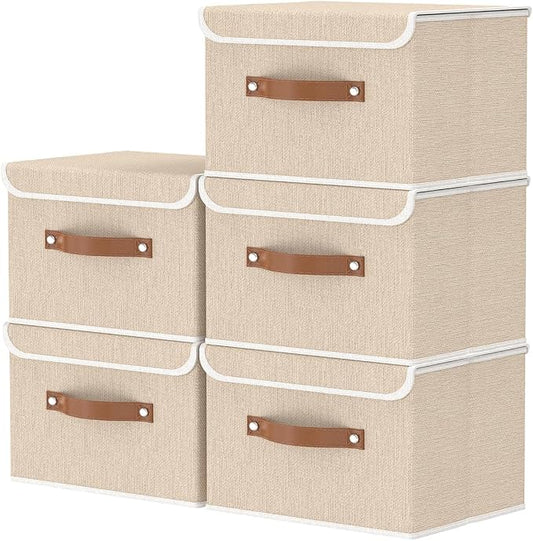 OUTBROS Fabric Storage Bins, Beige, 5 Pack 10.2 x 7.9 x 6.7 in | Storage Boxes with Flip-Top Lid and Handles, Cube Organizers for Organizing Home,Office,and Closet