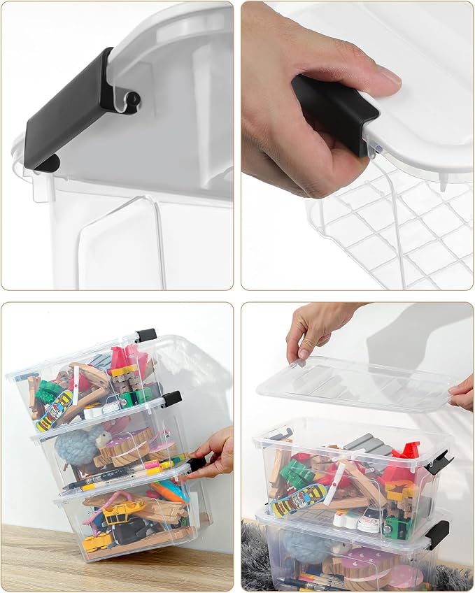 EOENVIVS Plastic Storage Bins with Lids 6 Pack, 7 Quart Storage Containers With Black Buckle Latch, Stackable Storage Organizers for Home Pantry Office Classroom Organization, Clear