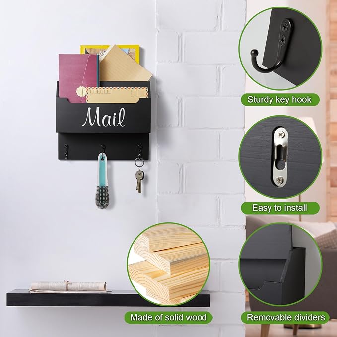 DRASTAR Mail Organizer Wall Mounted, Wooden Mail Sorter & Key Holder for Wall, Hanging Mail Organizer, Black Mail Basket for Home Office
