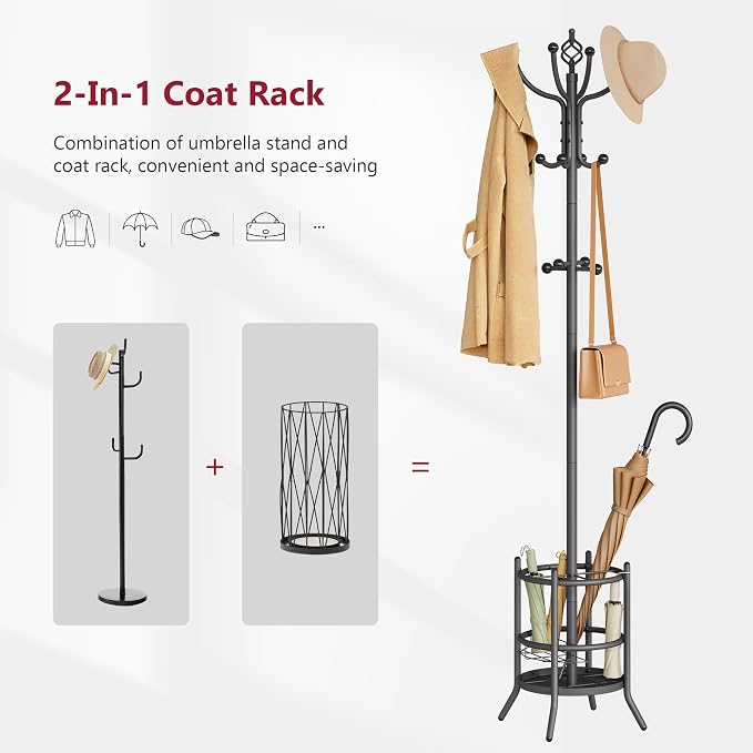 Tajsoon Coat Tree with Umbrella Stand, Coat Rack With 16 Hooks, Grey | 2-In-1 Design, Coat Stand Freestanding, Durable & Stable, Space-Saving, For Living Room, Bedroom, Office