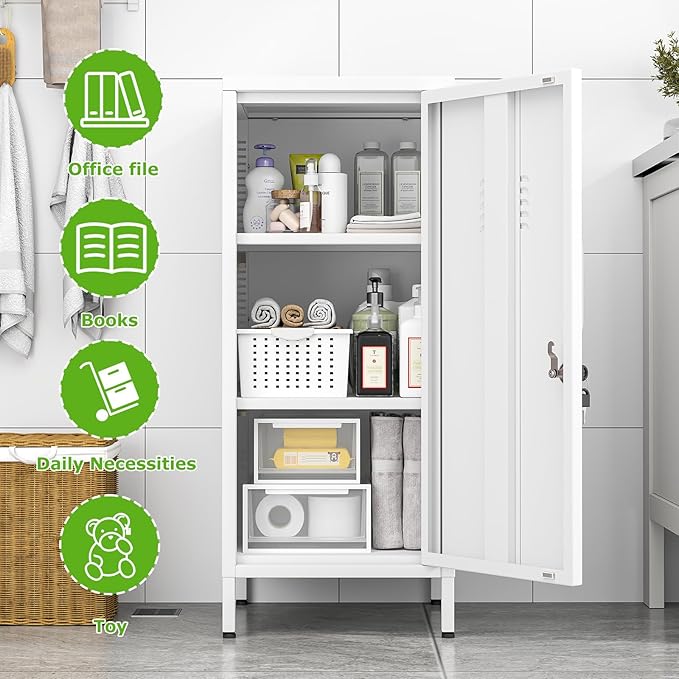 PAOFIN 35" Metal Storage Locker, Lockable Employees Metal Locker with Door and Adjustable Shelves, Steel Locker for Home, School, Office, Gym (White)