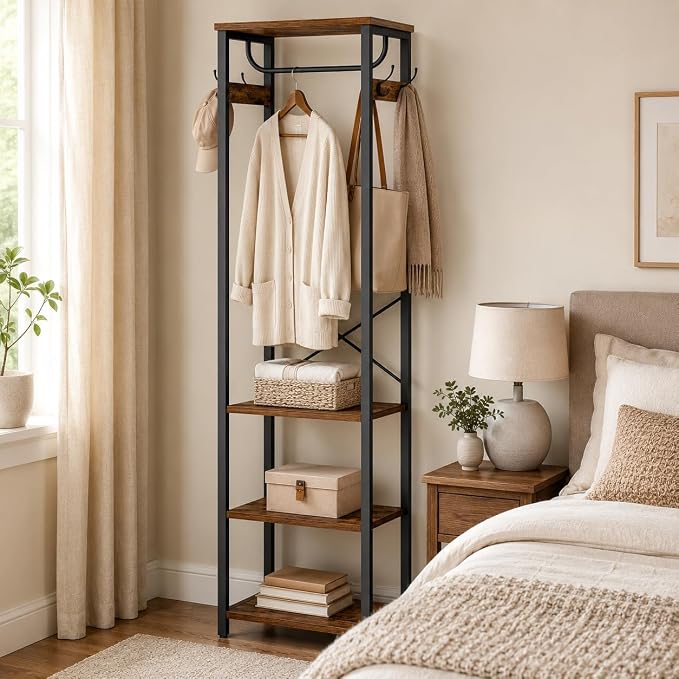 Coat Rack with Hanging Rod, Garment Rack with 3 Wooden Shelves and 4 Hooks, Freestanding Hall Tree, Industrial Clothes Rack Stand Organizer, Rustic Brown and Black