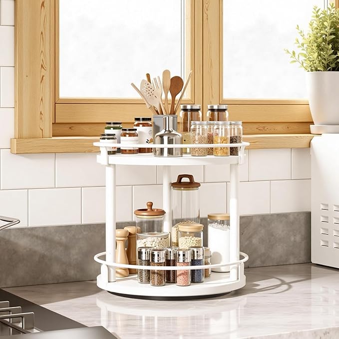 YATINEY Lazy Susan Organizer, Rotating Spice Rack, 2 Tier Spice Turntable Organizer, Industrial Turntable Spice Holder, for Kitchen Countertop, Compact and Versatile, White SR22WW
